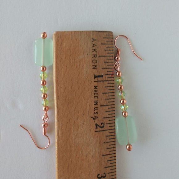 Green Dangle Earrings With Copper Plated Fishhook Wires Handmade 2.5 Inches - Picture 9 of 16